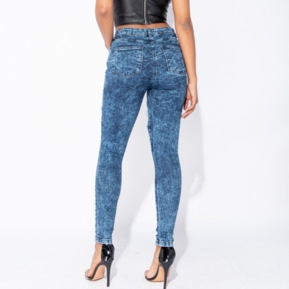 Blue Acid Wash High Waist Ripped Distressed Skinny Jeans Denim Pants - Picture 7 of 10